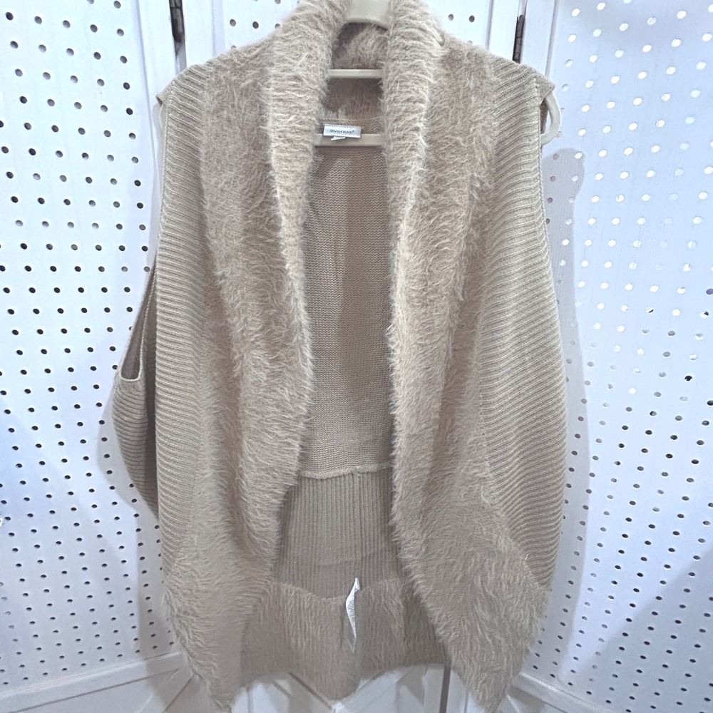 Avenue Fuzzy Knit Vest Cardigan Tan Open Front Waterfall Collar Sleeveless